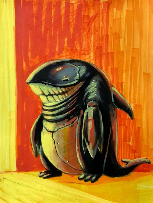 The image features a black and white drawing of a shark, which appears to be a cartoon or illustration style. The shark has its mouth open wide, giving an impression that it's smiling. The background of the image consists of orange lines, creating a striking contrast with the shark. The text "Shark Editions on @objktcom 10 xtz #tezos" is also present in the image, indicating that this artwork might be part of a collection or series by an artist named @objktcom.