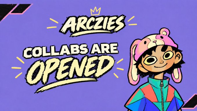 The image shows a vibrant purple promotional graphic featuring "ARCZIES" branding with a small crown logo, announcing "COLLABS ARE OPENED" in bold stylized text. A cartoon character wearing a pink bunny hat and colorful geometric jacket stands on the right, reinforcing the channel's announcement that collaborations are now being accepted via DM.