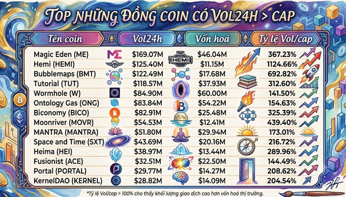 A colorful Vietnamese infographic lists the top cryptocurrencies by 24-hour volume to market cap ratio, featuring coins like Magic Eden (ME), Hemi (HEMI), Bubblemaps (BMT), and Tutorial (TUT) alongside their volume and cap data.