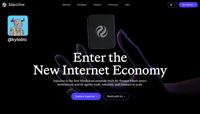 The Injective website displays the tagline 'Enter the New Internet Economy,' describing the platform as the first blockchain purpose-built for finance.