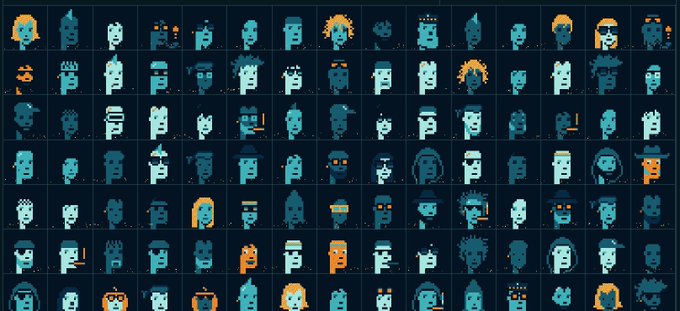 The image showcases a grid of pixelated "punk" character portraits against a dark background, featuring a diverse array of traits such as various hairstyles, sunglasses, beanie hats, dreadlocks, and unique hairstyles. This preview aligns with the post's request for feedback on which trait should make the final cut of their collection.