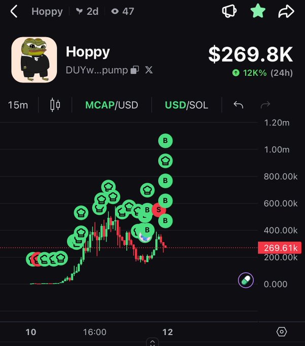 A cryptocurrency tracking app interface for the token 'Hoppy' (DUYw...pump), showing its price chart on Raydium, a market cap of $269.8K, and a 12% increase over 24 hours.