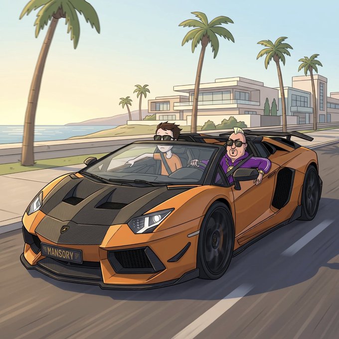 A vibrant cartoon-style illustration shows two stylish men in sunglasses cruising in a custom orange and black Lamborghini with carbon-fiber accents, driving past palm trees and modern beachfront mansions. The car's license plate reads "MANSORY," tying in with the post's bold "see you in the Mansory" tagline that humorously riffs on the luxury auto brand while playing on the crypto fortune-hunter trope.