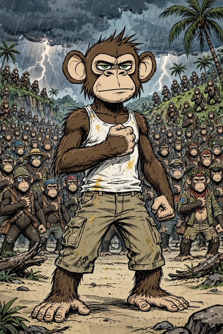 An illustrated scene depicting a stern-looking monkey in a tank top and cargo shorts standing in front of a large army of monkeys amid a stormy, lightning-filled backdrop with palm trees.