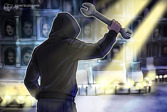 A Cointelegraph illustration showing a hooded figure holding a wrench, facing a wall of portraits with spotlights shining.