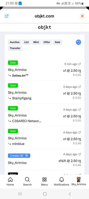 A mobile screenshot of objkt.com showing a list of recent sales, including multiple 'SkyArtmiss' items like 'IntimaArt™', 'Stampfgang', 'C3SARIO Networ...', and 'miniblue' sold at 2.50 tezos each.