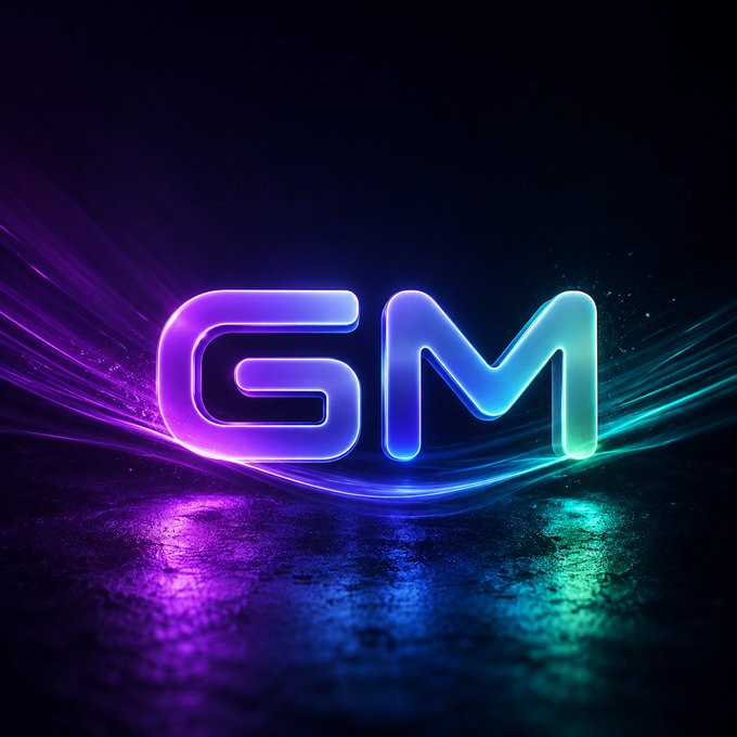 A neon-style 'GM' (good morning) graphic featuring glowing purple, blue, and cyan letters with light streaks over a dark reflective surface.