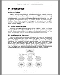 Document page section titled '9. Tokenomics' detailing '9.1 CNP Tokens' and '9.2 Supply, Mining and Unlocks' with a distribution chart at the bottom.