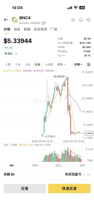 Mobile screenshot of a cryptocurrency trading app showing the BNC4 token priced at $5.33944 with a +44.6% gain, displaying a candlestick chart on the Binance platform.