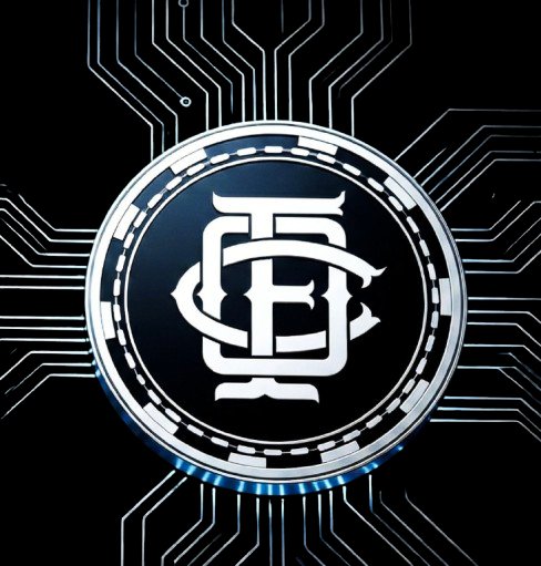 A stylized cryptocurrency coin with intricate lettering displayed against a circuit board background.