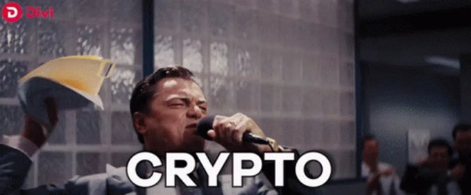 A man in a suit yells into a microphone while holding up a yellow hat, with the bold text “CRYPTO” displayed across the bottom and a “Divi” logo in the top left.