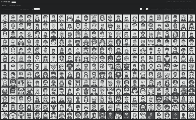 A dark-themed NFT collection gallery called 'NORMIES' displaying a large grid of pixel-art character portraits.
