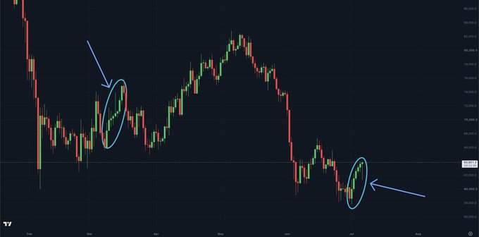 A Bitcoin price chart on TradingView (denoted by the "TV" logo) with two circled zones highlighting extended bullish streaks of consecutive green candles—one in late February and a current one in late June/early July—visually illustrating the post's claim that Bitcoin is set to log its longest daily green streak since mid-March, which previously preceded a rally toward $83,000.