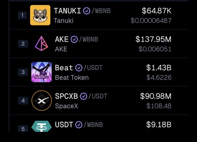 A cryptocurrency trading list showing the top 5 tokens: 1. TANUKI/WBNB ($64.87K), 2. AKE/WBNB ($137.95M), 3. Beat/USDT ($1.43B), 4. SPCXB/USDT ($90.98M), and 5. USDT/WBNB ($9.18B).