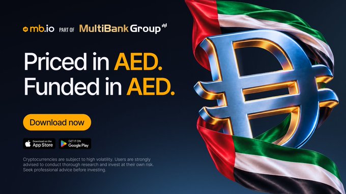 An advertisement for the omb.io cryptocurrency platform (part of MultiBank Group) featuring a UAE flag-themed logo and the text 'Priced in AED. Funded in AED.' with app download links.