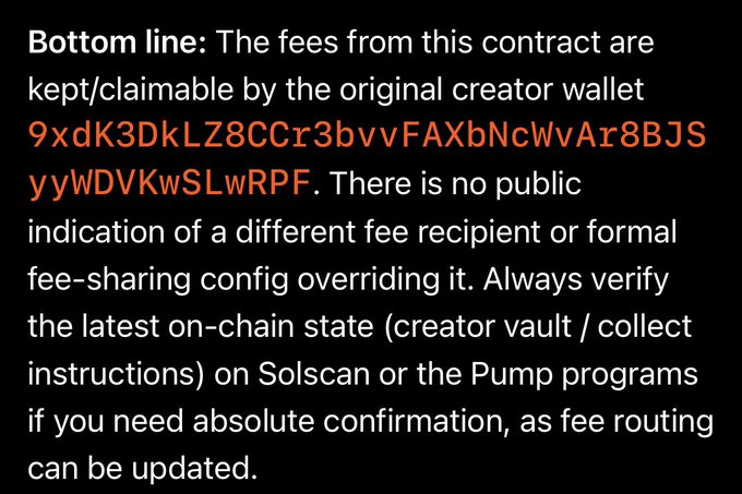 A text slide stating that fees from the contract go to the original creator wallet **9xdK3DkLZ8CCCr3bvvFAXbNcwvAr8BJSyyWDVKwSLwRPF**, with no public fee-sharing override, advising users to verify on-chain state on Solscan or Pump programs since fee routing can change. The caption relates to the "2.0 is a better option" post by signaling that despite claims, the original creator wallet still controls the fees, making alternative versions potentially more favorable.