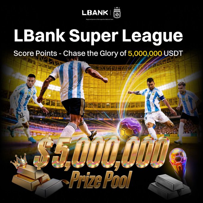LBank Super League promotion featuring Argentine national team players in action on a soccer field, highlighting a $5,000,000 USDT prize pool alongside gold bars and silver ingots. The advertisement backs a trading event running through July 20 where users can score points through trading, puzzles, and unlimited penalty shots for a chance at 1 BTC.