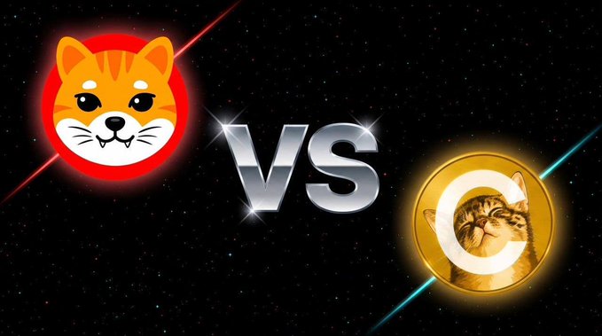 A 'VS' comparison graphic set against a starry background, pitting a red Shiba Inu coin (left) against a golden coin featuring a cat wearing a 'C' medallion (right).