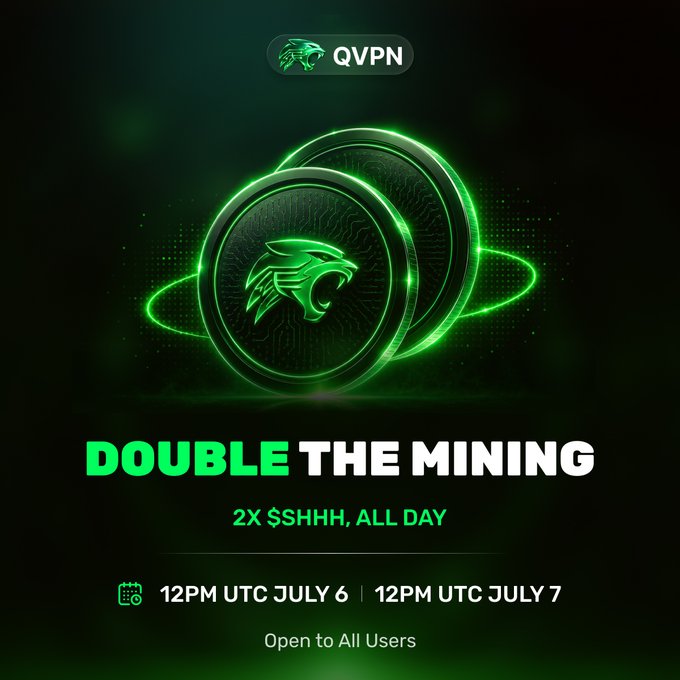 Promotional graphic for QVPN featuring glowing green coins with a panther logo, advertising 'DOUBLE THE MINING' and '2X $SHHH, ALL DAY' from 12PM UTC July 6 to July 7, open to all users.
