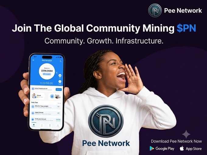 A promotional advertisement for Pee Network ($PN) features a cheerful woman shouting while holding a smartphone that displays the app's interface, including a balance of 2,256.0084 PN and a countdown timer of 23:59:00. The banner reads "Join The Global Community Mining $PN – Community. Growth. Infrastructure." and encourages viewers to join the global mining community via Google Play and the App Store, aligning with the post's message of inviting others to download the app and grow the network.
