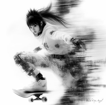 A black and white artistic sketch of a girl with a ponytail riding a skateboard with a motion blur effect, with a signature reading "Thalia Cielo Angel" in the corner.