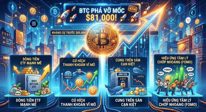 A vibrant Vietnamese crypto infographic announcing "BTC PHÁ VỠ MỐC $81,000!" (Bitcoin breaks the $81,000 milestone) with an upward arrow and rocket imagery, highlighting four key drivers: "Dòng tiền ETF mạnh mẽ" (Strong ETF inflows with Spot Bitcoin ETF), "Cú hích thanh khoản vĩ mô" (Macro liquidity boost), "Cung trên sàn cạn kiệt" (Drying exchange supply), and "Hiệu ứng tâm lý chớp nhhoáng FOMO" (FOMO psychological effect), illustrating the post's analysis of Bitcoin's historic rally and its underlying catalysts.