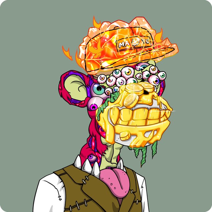 A colorful cartoon illustration of a grotesque humanoid figure with a flaming crystalline head, multiple eyeballs, golden teeth, and a tongue sticking out, wearing a vest over a white shirt.