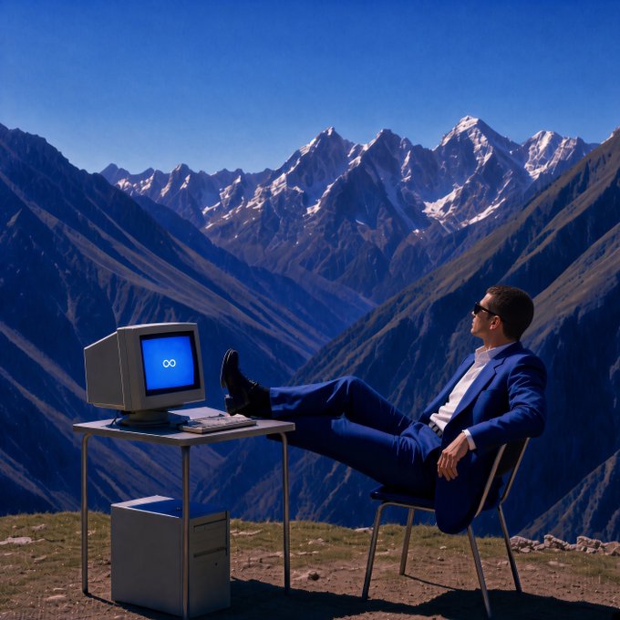 A suited businessman relaxes in a chair with his feet propped on a desk featuring a vintage computer displaying the Meta "∞" logo, set against a stunning snow-capped mountain backdrop. The image visually reinforces the post's message about long-term vision by pairing the tech giant's symbol with an expansive, enduring landscape—suggesting Meta's patient, horizon-focused strategy amid lofty ambitions.