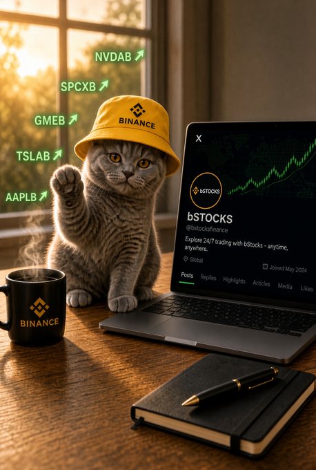 A cat wearing a yellow 'BINANCE' bucket hat sits at a desk with a Binance coffee mug and laptop showing the 'bSTOCKS / @bstocksfinance' profile with a rising green chart; floating tickers read NVDAB, SPCXB, GMEB, TSLAB, and AAPLB.