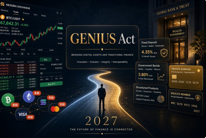 A futuristic financial poster links digital assets and traditional banking under the headline “GENIUS Act — Bridging Digital Assets & Traditional Finance,” with Bitcoin trading data and products such as fixed deposits, government bonds, private banking, and structured products. It visually supports the post about the U.S. OCC bringing the GENIUS Act’s final stablecoin rule to the table, highlighting the proposed “Rewards” provisions and a 2027 finance theme.