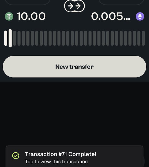 A mobile crypto exchange app screen showing a swap interface exchanging 10.00 USDT for 0.005... ETH, with a 'New transfer' button and a notification at the bottom reading 'Transaction #71 Complete! Tap to view this transaction'.