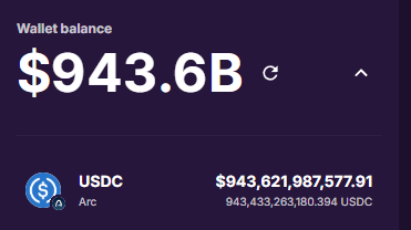 A digital wallet balance display showing $943.6B in USDC on the Arc network, with the exact amount of 943,621,987,577.91 USDC.