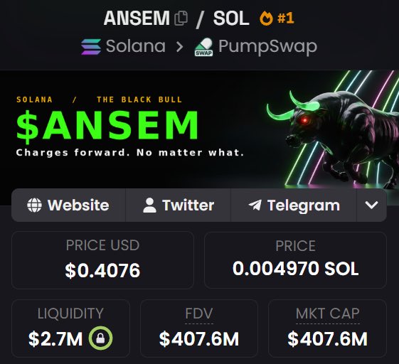 A cryptocurrency trading page showing the $ANSEM token on Solana via PumpSwap, priced at $0.4076 (0.004970 SOL) with $2.7M liquidity and a $407.6M market cap, featuring a 'Black Bull' graphic and tagline 'Charges forward. No matter what.'