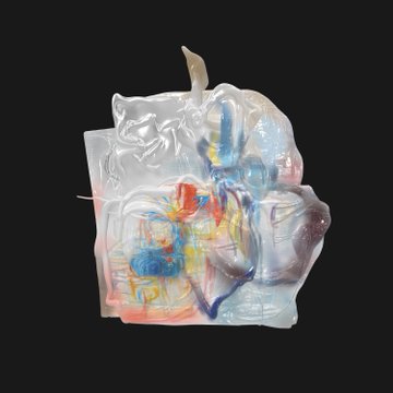 An abstract 3D rendered sculpture featuring translucent, swirling forms with iridescent rainbow and blue highlights set against a black background.