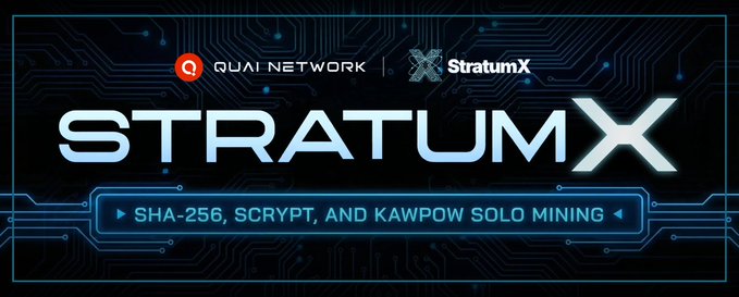A promotional banner for StratumX, featuring the Quai Network logo and "StratumX" branding against a dark circuit-board background, with the tagline "SHA-256, SCRYPT, AND KAWPOW SOLO MINING" highlighting the supported algorithms for solo mining $QUAI.