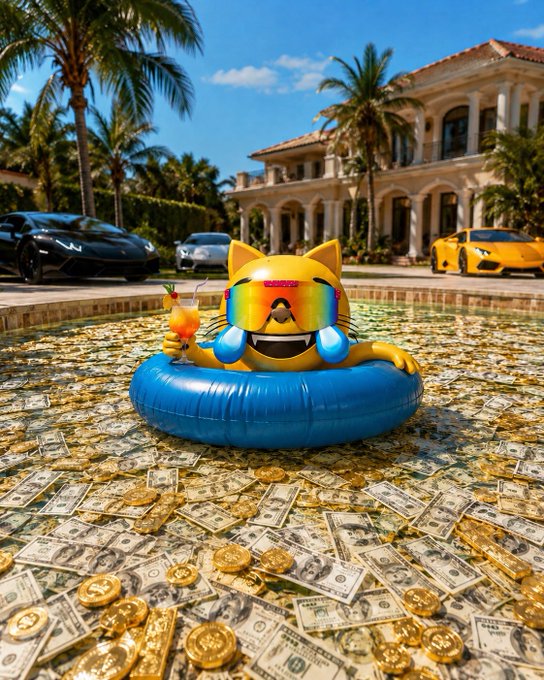 A vibrant illustration of a yellow cat wearing rainbow sunglasses floating in a blue inflatable ring in a pool of money (dollar bills and gold coins), set against a luxurious mansion with sports cars.