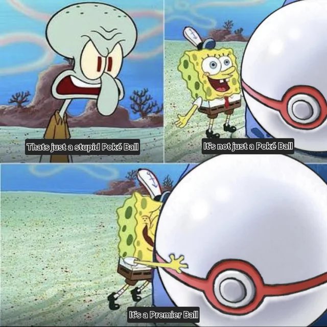 A meme combining SpongeBob SquarePants with Pokémon, showing Squidward dismissing a Poké Ball while SpongeBob insists "It's not just a Poké Ball" and "It's a Premier Ball." The image relates to the post about Pokémon ENS (Ethereum Name Service) collectibles, humorously suggesting these digital assets are special, rare "premier" versions rather than ordinary ones, reflecting the holder's unwavering belief in their value.