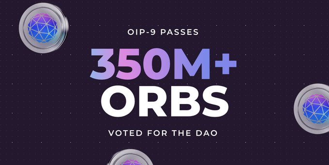 A graphic announcing 'OIP-9 PASSES' with the text '350M+ ORBS VOTED FOR THE DAO' displayed against a dark purple background with glowing circular icons.