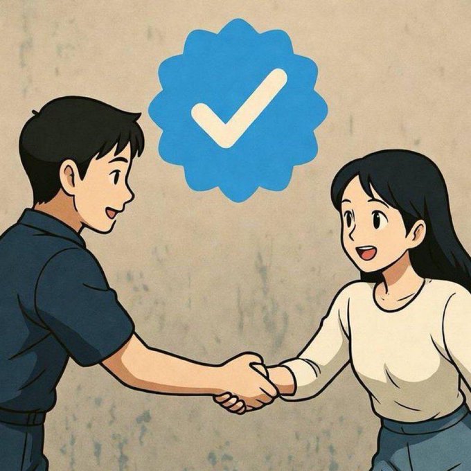 An anime-style illustration of a man and woman shaking hands, with a large blue verified checkmark badge floating above them, set against a textured beige background.