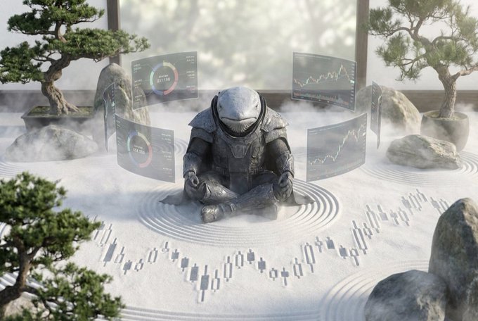 urns of water, rocks, and a bonsai tree are arranged on a sandy surface, with a figure in a futuristic suit seated amidst the elements.
