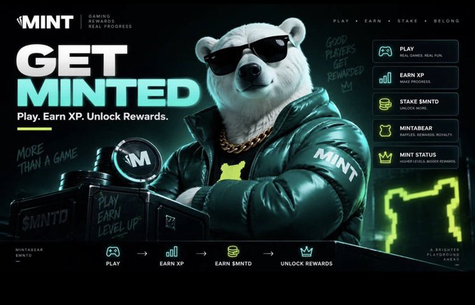 A promotional graphic for $MINT featuring a polar bear mascot wearing sunglasses and a green puffer jacket with gold chains, with text 'GET MINTED - Play. Earn XP. Unlock Rewards.' and listings for Play, Earn XP, Stake $MNTO, Mintabear, and Mint Status.