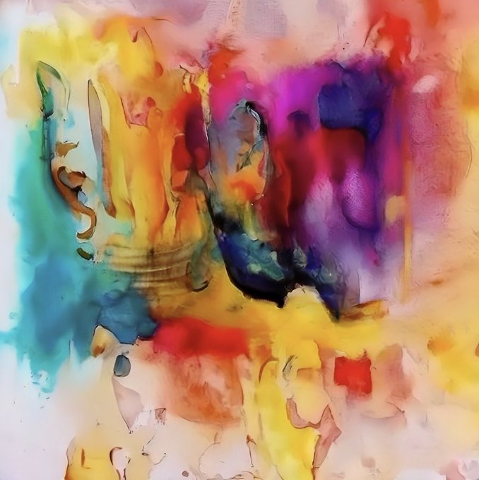 An abstract, colorful artwork featuring blended washes and drips of yellow, orange, red, pink, purple, and blue pigments on a light background.