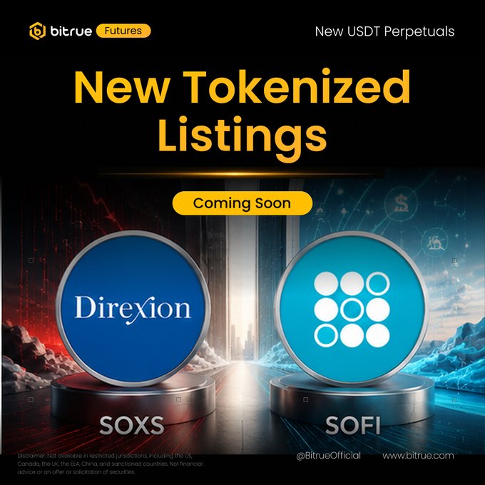 A Bitrue Futures promotional graphic announces upcoming tokenized perpetual listings for Direxion ($SOXSUSDT) and SoFi ($SOFIUSDT), featuring the two company logos displayed in circular icons against a dark, glowing background with the tagline "New Tokenized Listings — Coming Soon."