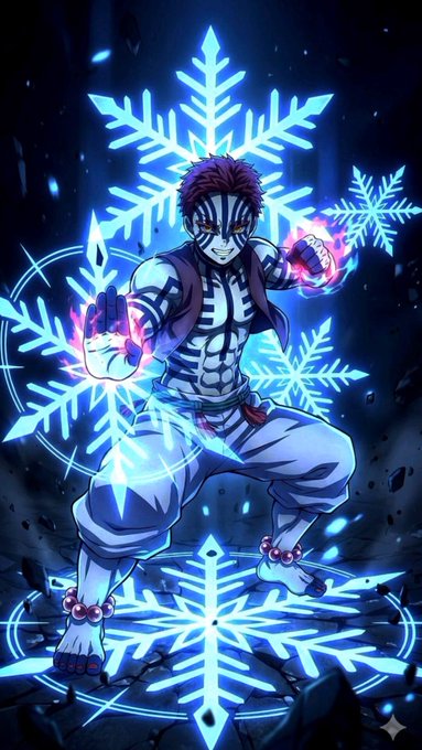 Anime-style illustration of a muscular martial artist with red hair and body markings, surrounded by glowing blue snowflakes.