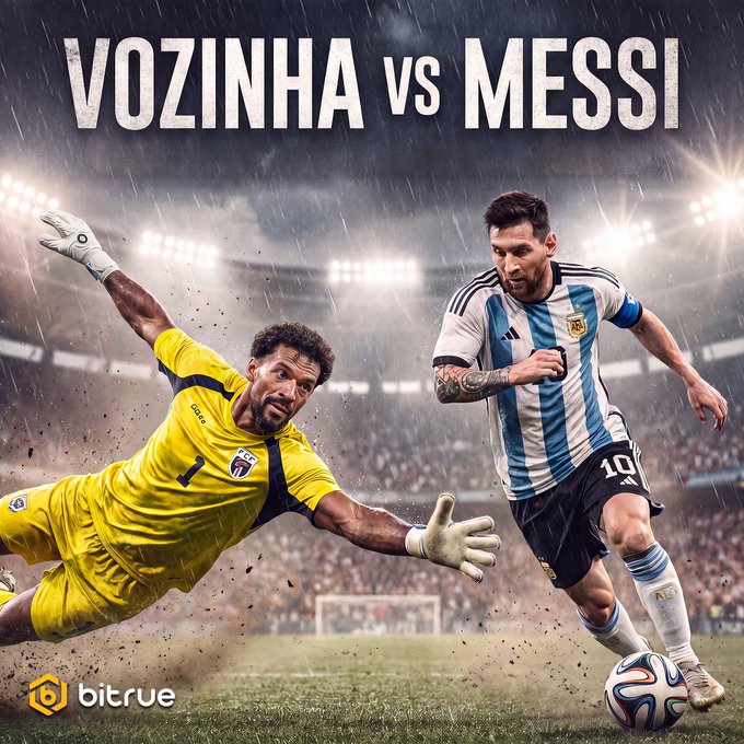 A dramatic promotional graphic shows goalkeeper Vozinha (in yellow) diving to block a shot from Lionel Messi (wearing the Argentina #10 jersey) in a rainy stadium, with the headline "VOZINHA vs MESSI" displayed above. The image, posted by Bitrue, teases a 100,000 USDT prediction challenge ahead of a match between Cape Verde and Argentina, hinting that Vozinha will face Messi's Argentina next.