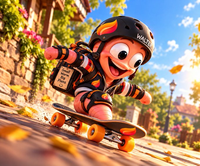 A vibrant 3D-rendered illustration of a worm character wearing a black helmet labeled 'WALTEK' and protective gear, joyfully riding a skateboard down a cobblestone street while holding a backpack that says 'Small Worm Big Plans'.