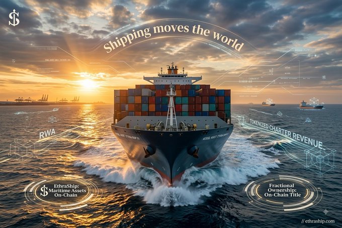 A promotional graphic for EthraShip showing a container ship at sunset with text 'Shipping moves the world,' 'RWA,' 'Tokenized Charter Revenue,' 'EthraShip: Maritime Assets On-Chain,' and 'Fractional Ownership: On-Chain Title.'