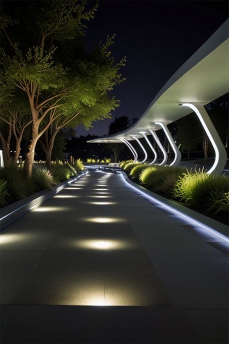 The image shows a long walkway illuminated by white lights at night. The path leads towards a covered area or pavilion, which appears to be part of an outdoor space designed for relaxation and contemplation. The scene evokes a sense of tranquility and peacefulness as the viewer is transported into this serene environment.
