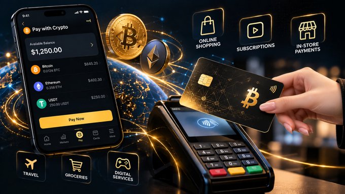 Promotional graphic showing crypto payment options including Bitcoin, Ethereum, and USDT with categories like Online Shopping, Subscriptions, In-Store Payments, Travel, Groceries, and Digital Services.