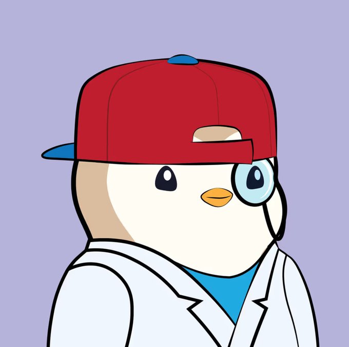 The image features a cartoon penguin wearing a red baseball cap and a white lab coat. The penguin appears to be dressed for work or school, with glasses and a magnifying glass around its neck. The background of the image is purple, which complements the overall color scheme of the cartoon character.